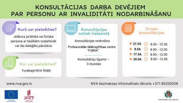 Darba devējiem, kuri nodarbina vai plāno nodarbināt cilvēkus ar invaliditāti,  NVA piedāvā bezmaksas konsultācijas un...