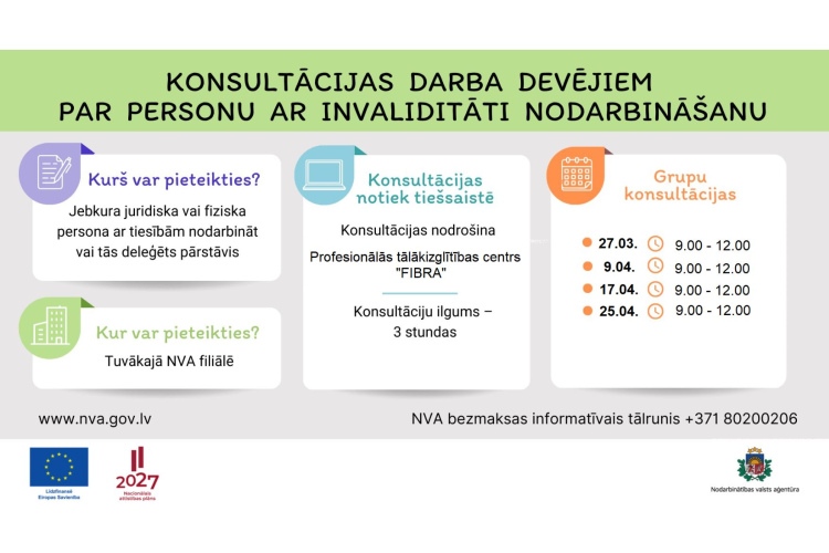 Darba devējiem, kuri nodarbina vai plāno nodarbināt cilvēkus ar invaliditāti,  NVA piedāvā bezmaksas konsultācijas un...